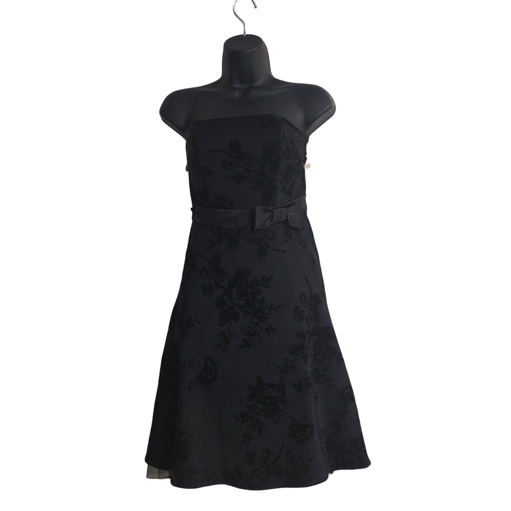 B Darlin Black Burnout Strapless Cocktail Dress w Bow Waist & Tulle Hem Sz 3/4
